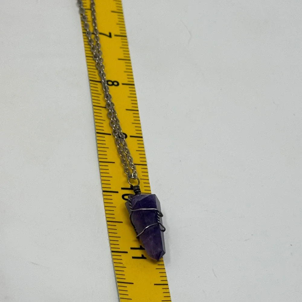 Amethyst Crystal Point‎ Wire Wrapped Pendant Necklace Silver Tone Chain
